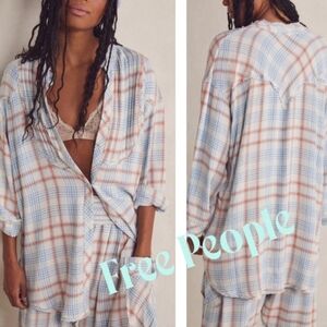 NWT Free People Intimately Plaid About You Sleep Top Blue Ivory Large